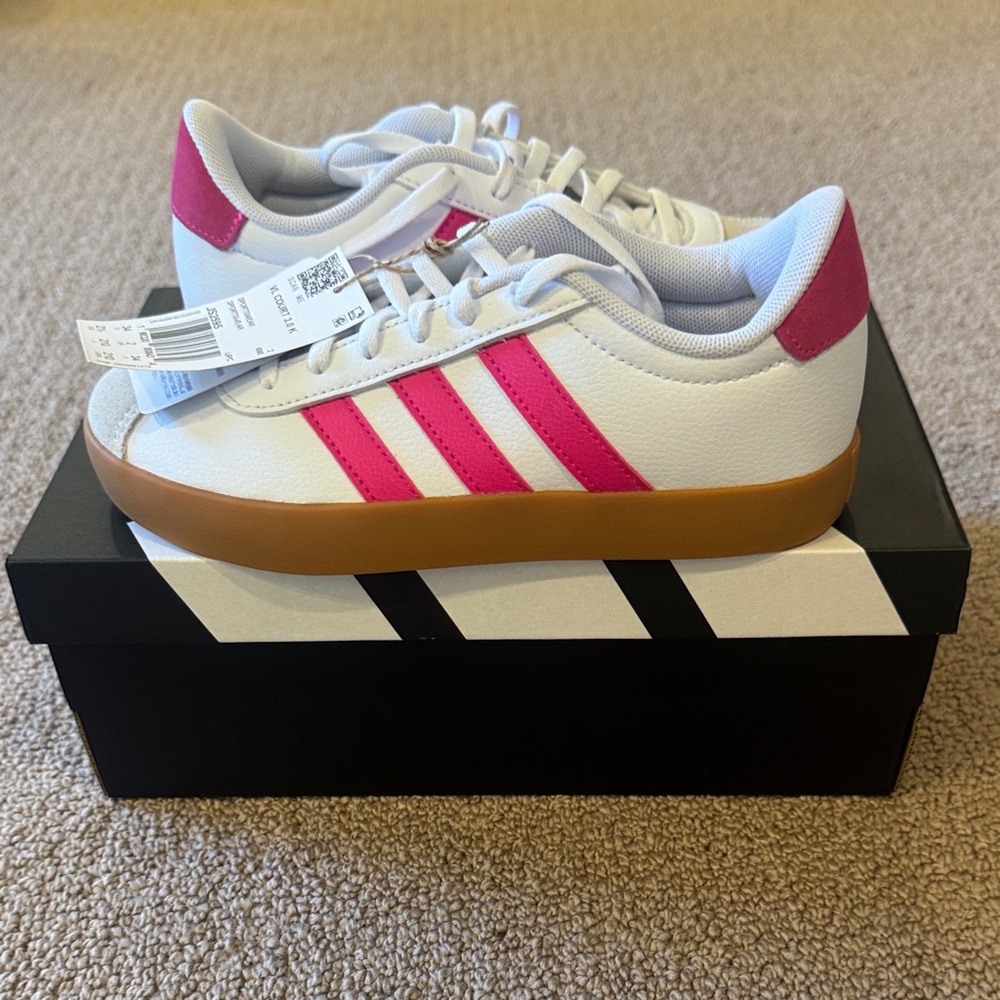 Adidas Kids' White and Pink Sneakers with Gum Sole